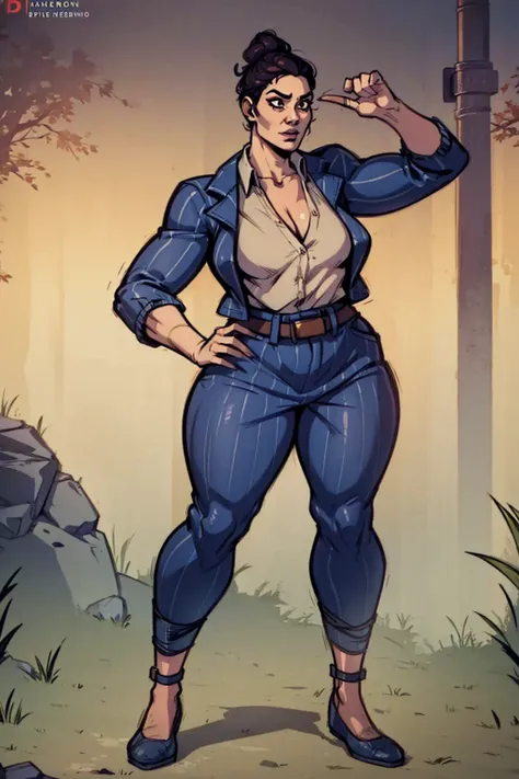 Digital art, highly detailed, angled view, sexy standing pose, legs spread apart, hands held up in a fighting form, mature woman, adult female, full curvy figure, whole body, form-fitting, Jane Romero (Dead by Daylight) inspired costume, pinstriped blazer,...