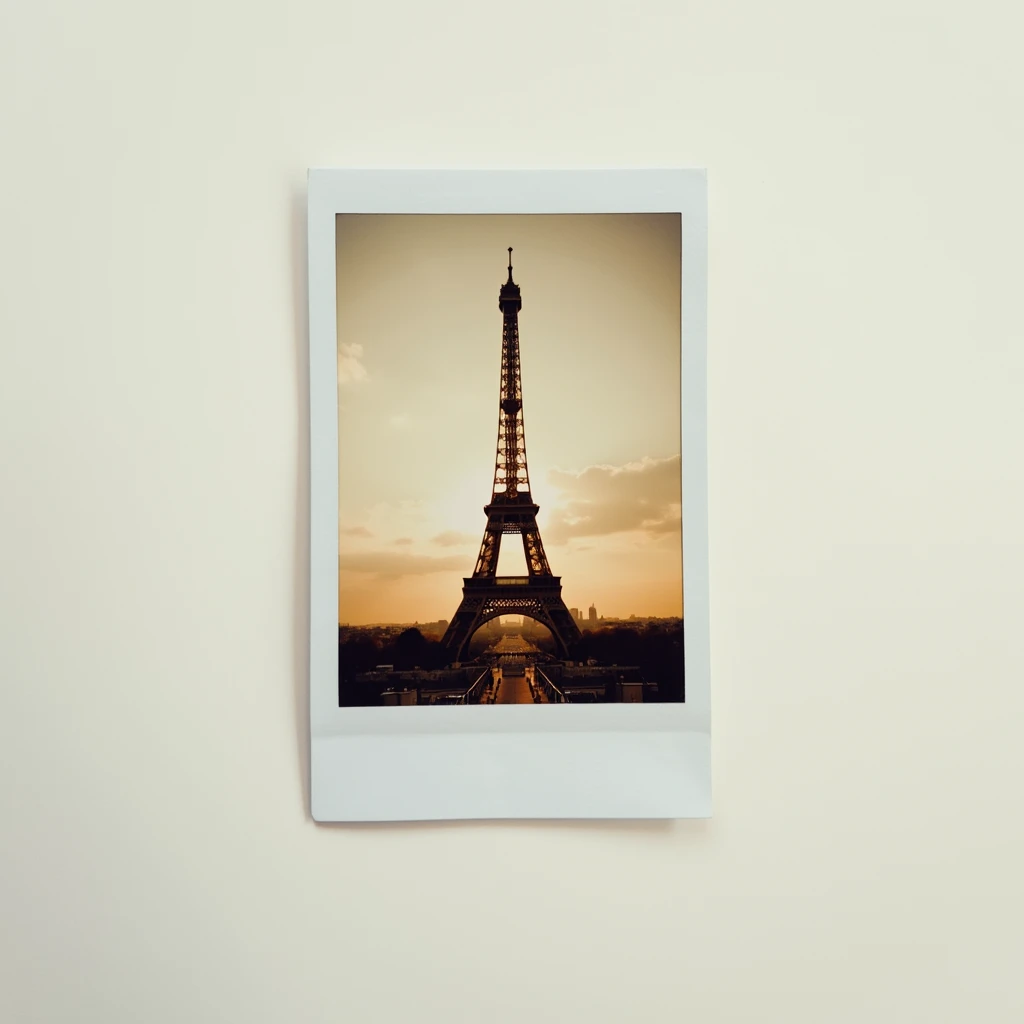 A close-up of a Polaroid photograph featuring the Eiffel Tower during a golden sunset. The iconic structure stands tall against a soft sky with subtle hues of orange and pink. The photograph’s crisp white border frames the scene perfectly, creating a vinta...