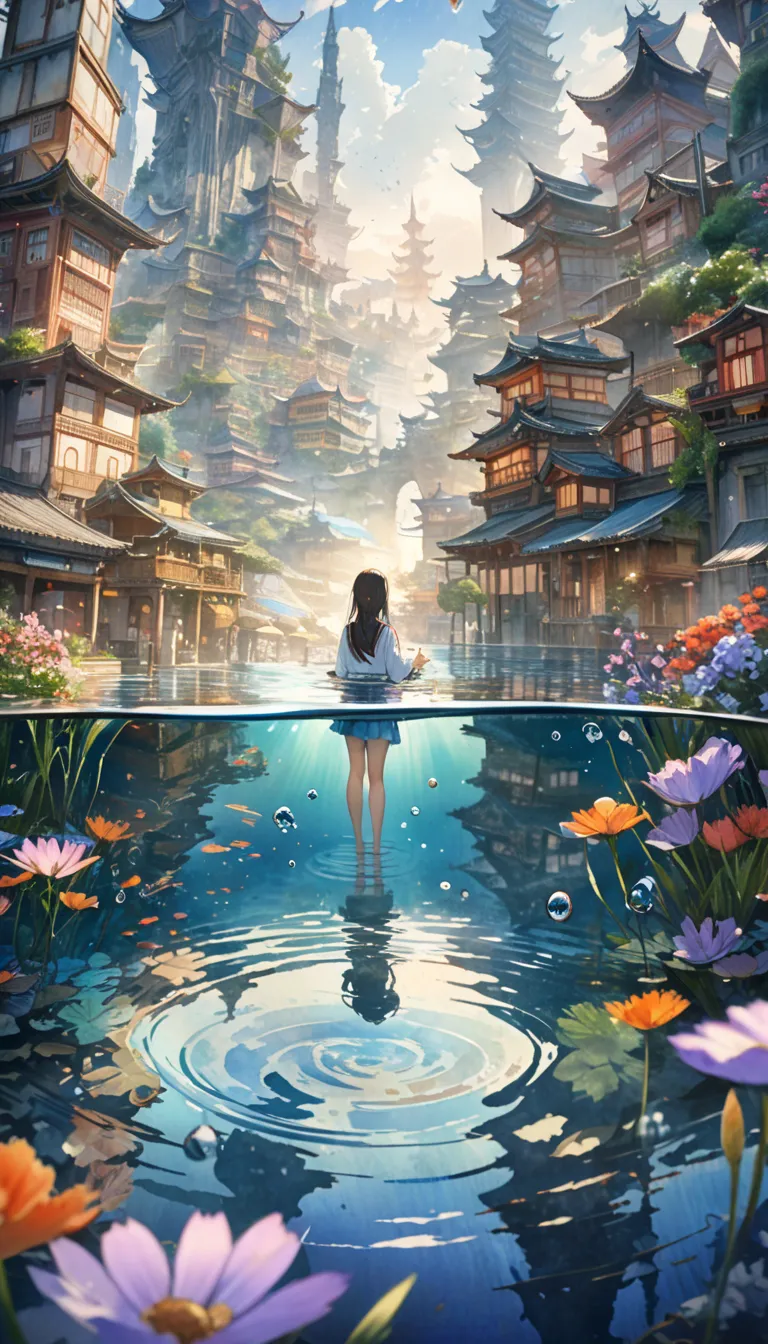 a watercolor painting of a japanese woman's hand cupping a small pool of water in which a mystical underwater city is reflected,...