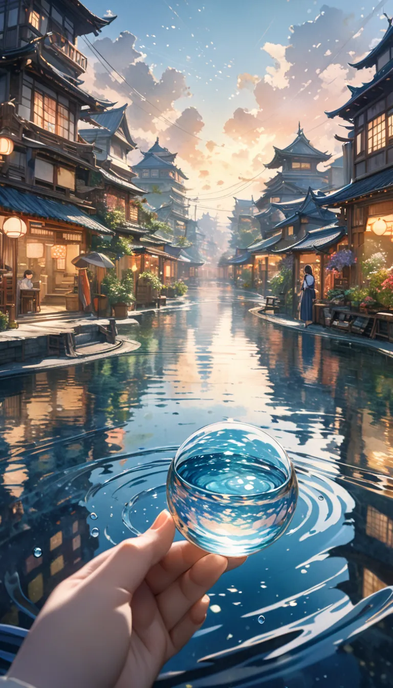 a watercolor painting of a japanese woman's hand cupping a small pool of water in which a mystical underwater city is reflected,...