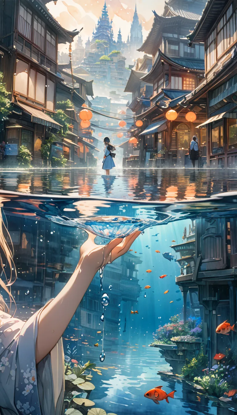 a watercolor painting of a japanese woman's hand cupping a small pool of water in which a mystical underwater city is reflected,...