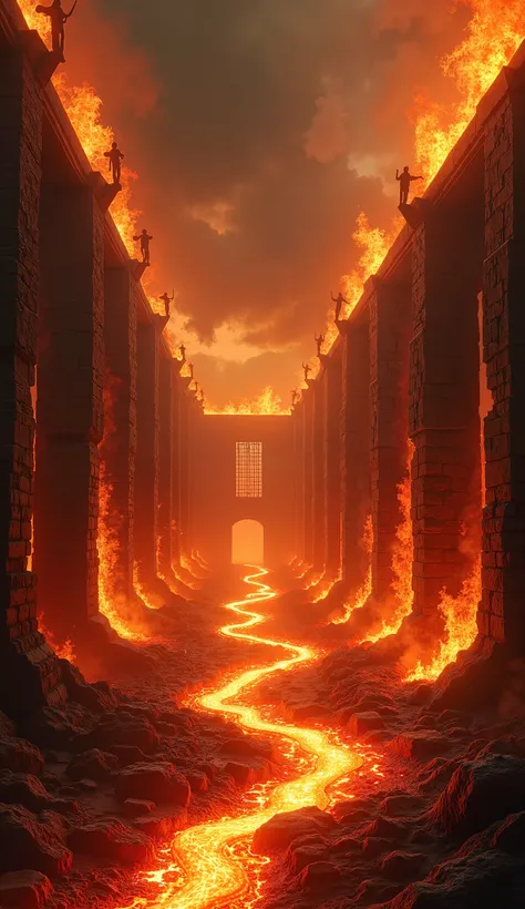 A prison of fire in hell, where towering walls of roaring flames rise toward a sky covered with clouds of ash. Burning chains hang from pillars of molten rock, binding the condemned, whose silhouettes writhe and scream in agony. The air is filled with the ...