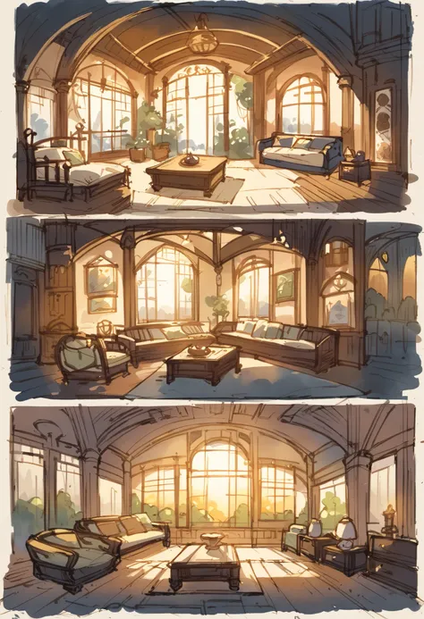 angelic 1girl, fantasy room, sketch, architectural illustration, visual development, interior design architecture, watercolor illustration style, traditional japanese concept art, furniture design sheet, cinematic lighting, cinematic shadow,