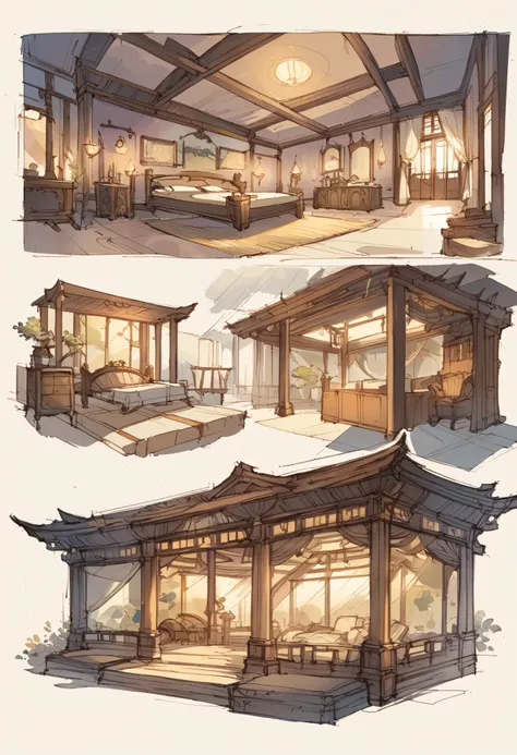 angelic 1girl, fantasy room, sketch, architectural illustration, visual development, interior design architecture, watercolor illustration style, traditional japanese concept art, furniture design sheet, cinematic lighting, cinematic shadow,