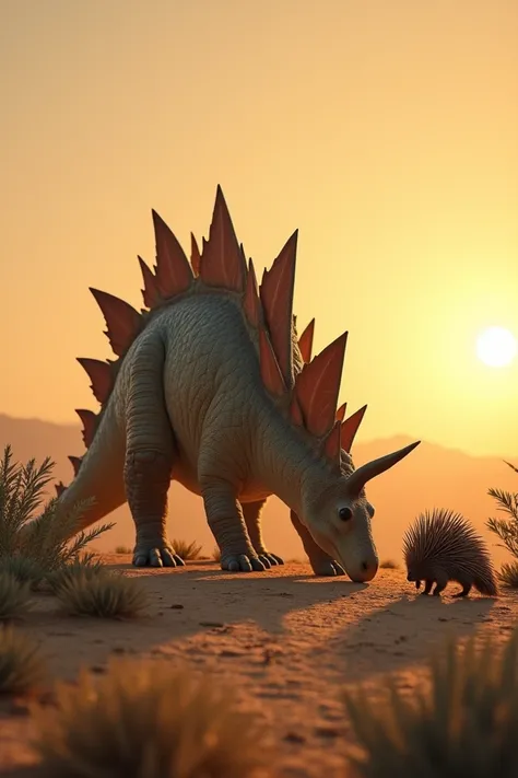 A massive Stegosaurus grazes peacefully on low shrubs while a small porcupine scuttles nearby, sniffing the ground. They share a dry, open plain dotted with sparse vegetation, with a golden sun setting in the distance."