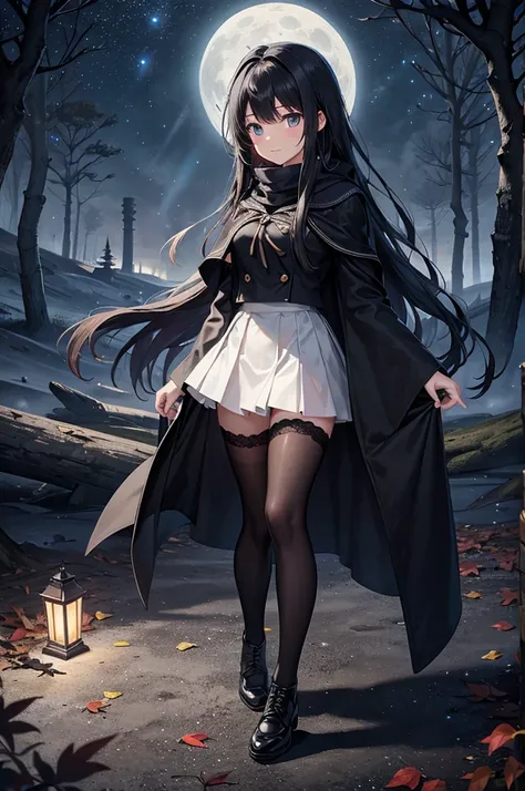 High image quality, high resolution, smooth gradation, vivid colors, , a scarf, a black cloak, A high moon, a dead forest with fallen leaves, on fallen leaves, darkness, a starry sky, white breath, a lantern in hand, white breath, a black student uniform, ...