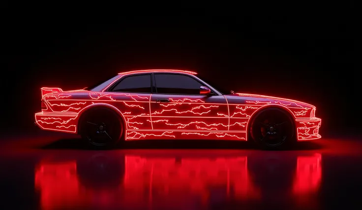 view from the back, medium shot in a blank black background, The image depicts a stunning, minimalistic silhouette of a 2002 Jaguar XJR rear view, entirely formed by intricate tribal patterns that glow with vibrant red lightning lines. Set against a deep b...