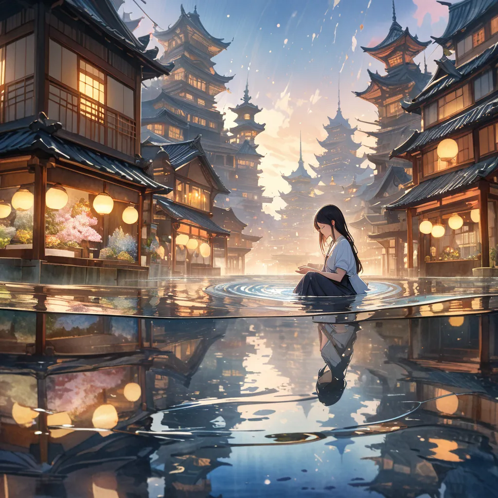 a watercolor painting of a japanese woman's hands cupping a small pool of water in which a mystical underwater city is reflected...