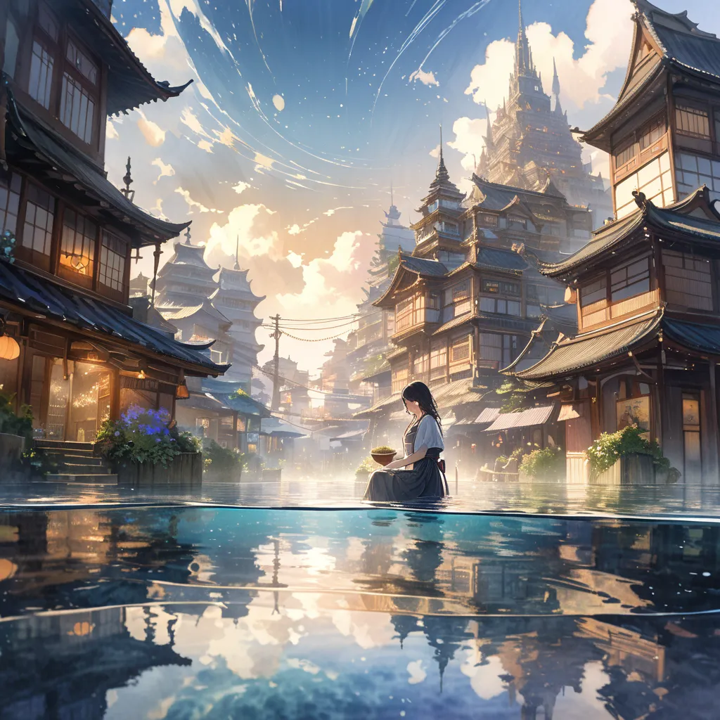 A watercolor painting of a Japanese womans hands cupping a small pool of water in which a mystical underwater city is reflected, The scene is captured with a focus on the city reflected in the water emphasizing its detailed structures and surreal appearanc...