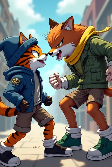 Anthropomorphic tiger mobian with blue wool hat blue military jacket gray t-shirt brown shorts black sneakers fighting an evil mobian anthropomorphic wolf with green bomber jacket yellow scarf green t-shirt without pants green sneakers gray mobian style sn...