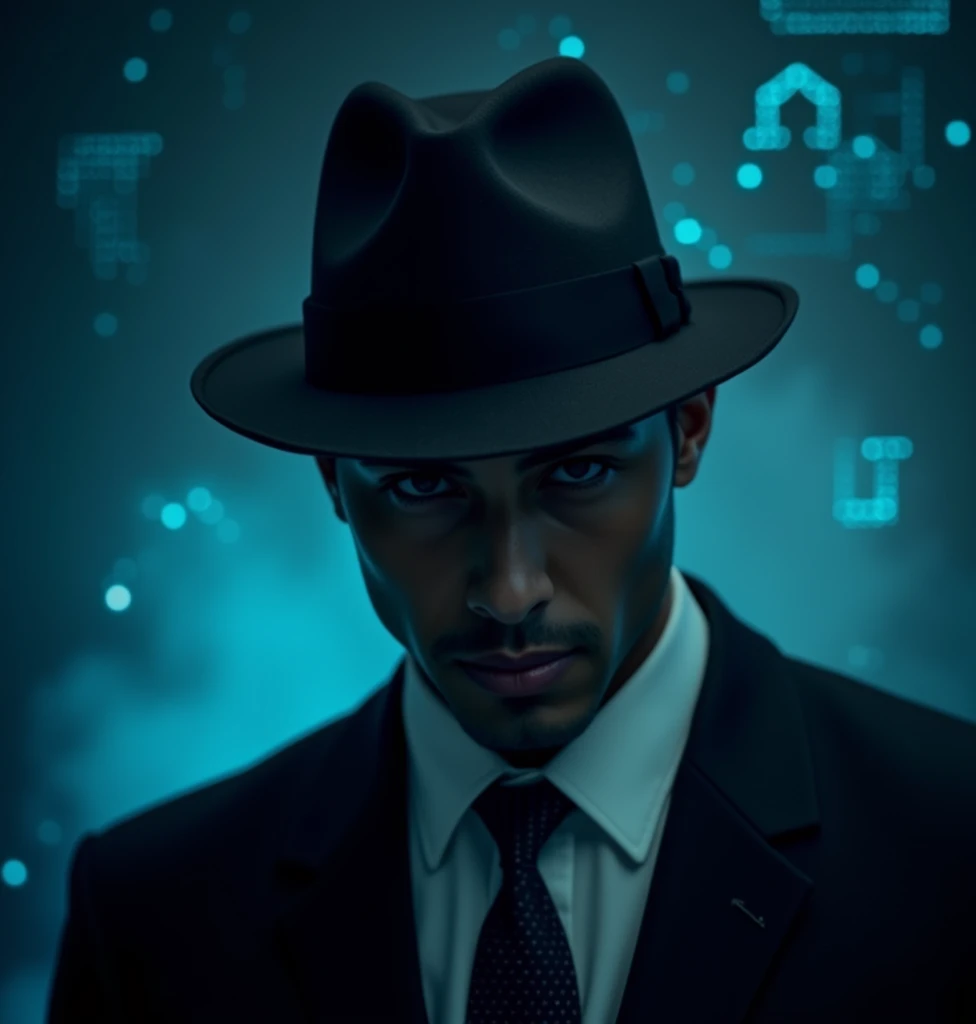 Ultra-detailed, high-resolution portrait of a mysterious, confident man with a sleek, sharp appearance. He is wearing a classic fedora hat that casts a shadow over his eyes, adding a sense of intrigue. The man is exuding a calm yet intimidating demeanor. H...