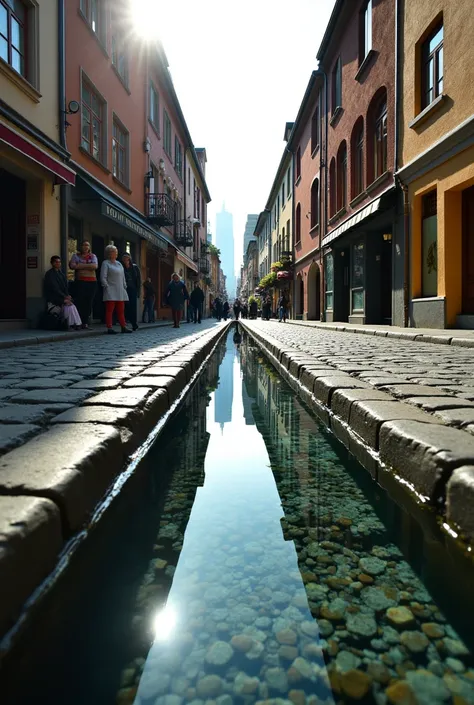 A low-angle urban scene featuring a narrow cobblestone street in a quaint small town, lined with charming buildings hosting small stores on either side. People casually walk along the street, adding a sense of everyday life. On the ground lies an extraordi...