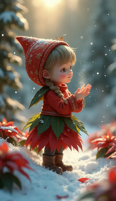 A very small, adorable   spirit inspired by poinsettia flowers, standing in a snowy woodland clearing bathed in the soft glow of twilight. The ’s outfit is intricately fashioned from poinsettia petals in vibrant shades of red and green, with golden accents...