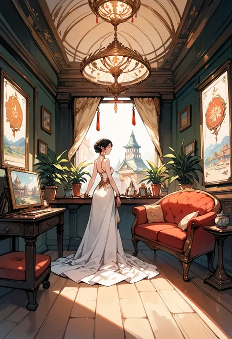 score_9, score_8_up, score_7_up, score_6_up, score_5_up, score_4_up, hires, highres, cover page, angelic 1girl, fantasy room, sketch, architectural illustration, visual development, interior design architecture, watercolor illustration style, traditional j...