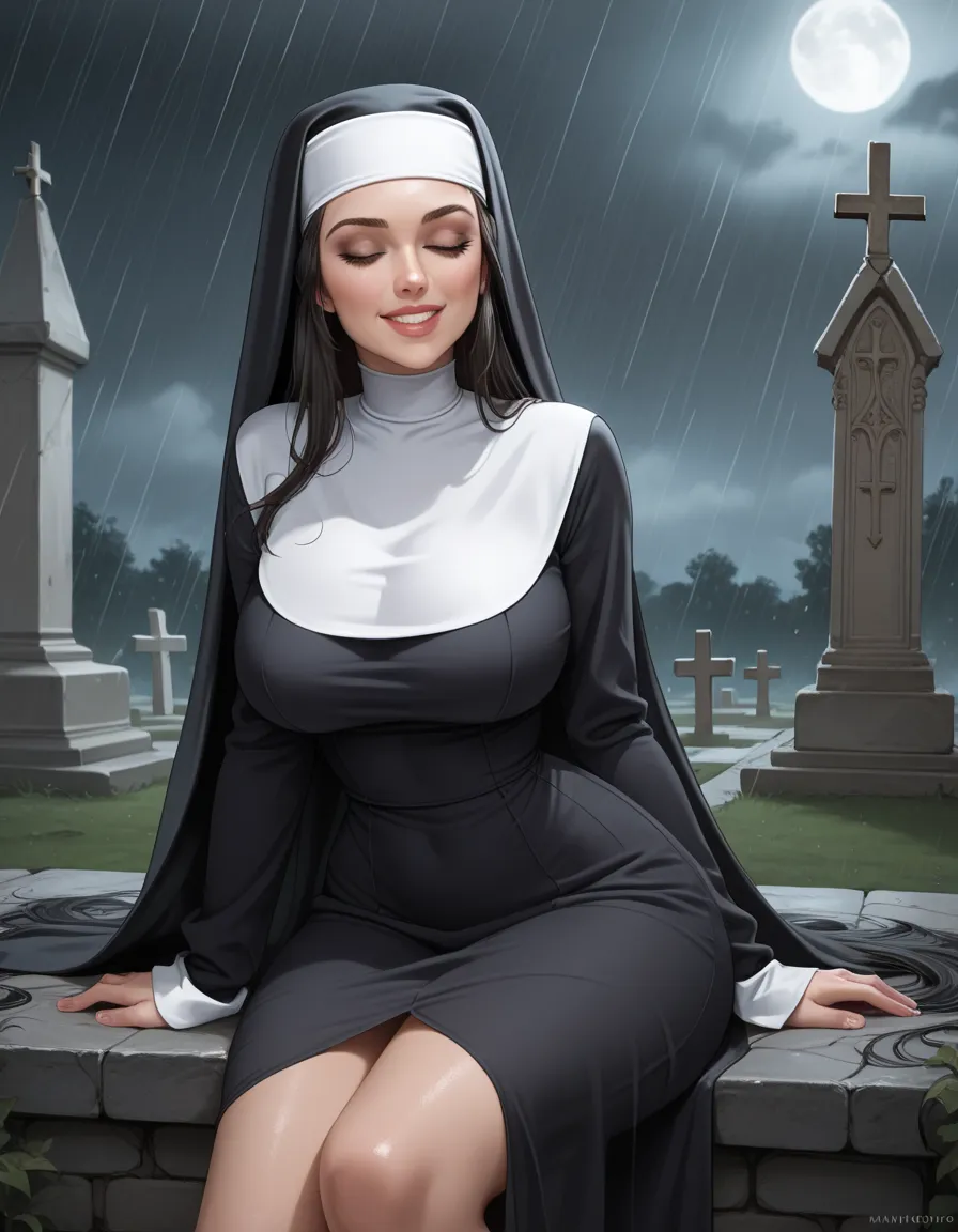 (( highest quality )), ((masterpiece)), ,  perfect face, ,dramatic, (( a nun sitting on a headstone:1.5)), , ( black hair ), ((e...