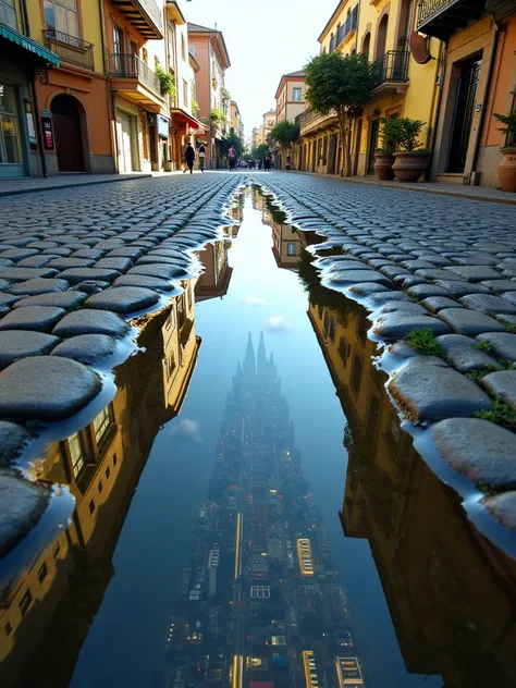 A low-angle urban scene featuring a narrow cobblestone street in a quaint small town, lined with charming buildings hosting small stores on either side. People casually walk along the street, adding a sense of everyday life. On the ground lies an extraordi...