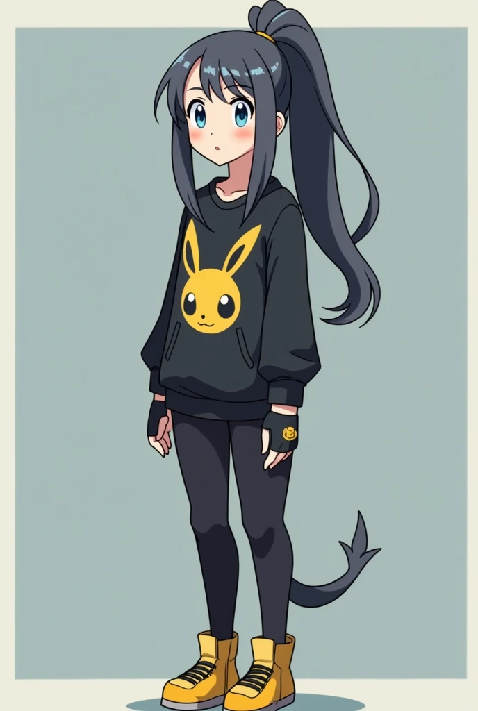 a elder 50 years old girl from the Pokémon world in her 50s, of long hair, drak gray color, tied in a ponytail with M bangs, thesis clara, light blue eyes, big hips, neither very thin nor very wide, with a B cup bust, a black Umbreon sweatshirt, a black pa...