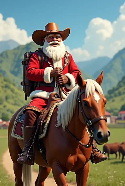 Santa Claus cowboy sitting on a horse on a cattle farm in Brazil