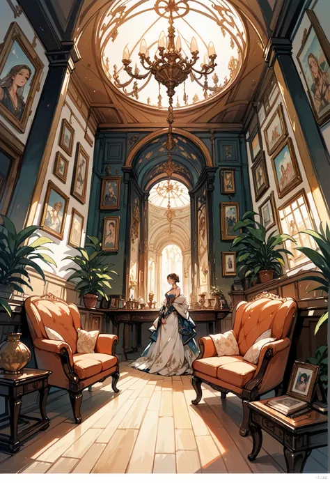 angelic 1girl, fantasy room, sketch, architectural illustration, visual development, interior design architecture, watercolor illustration style, traditional japanese concept art, furniture design sheet, cinematic lighting, cinematic shadow,