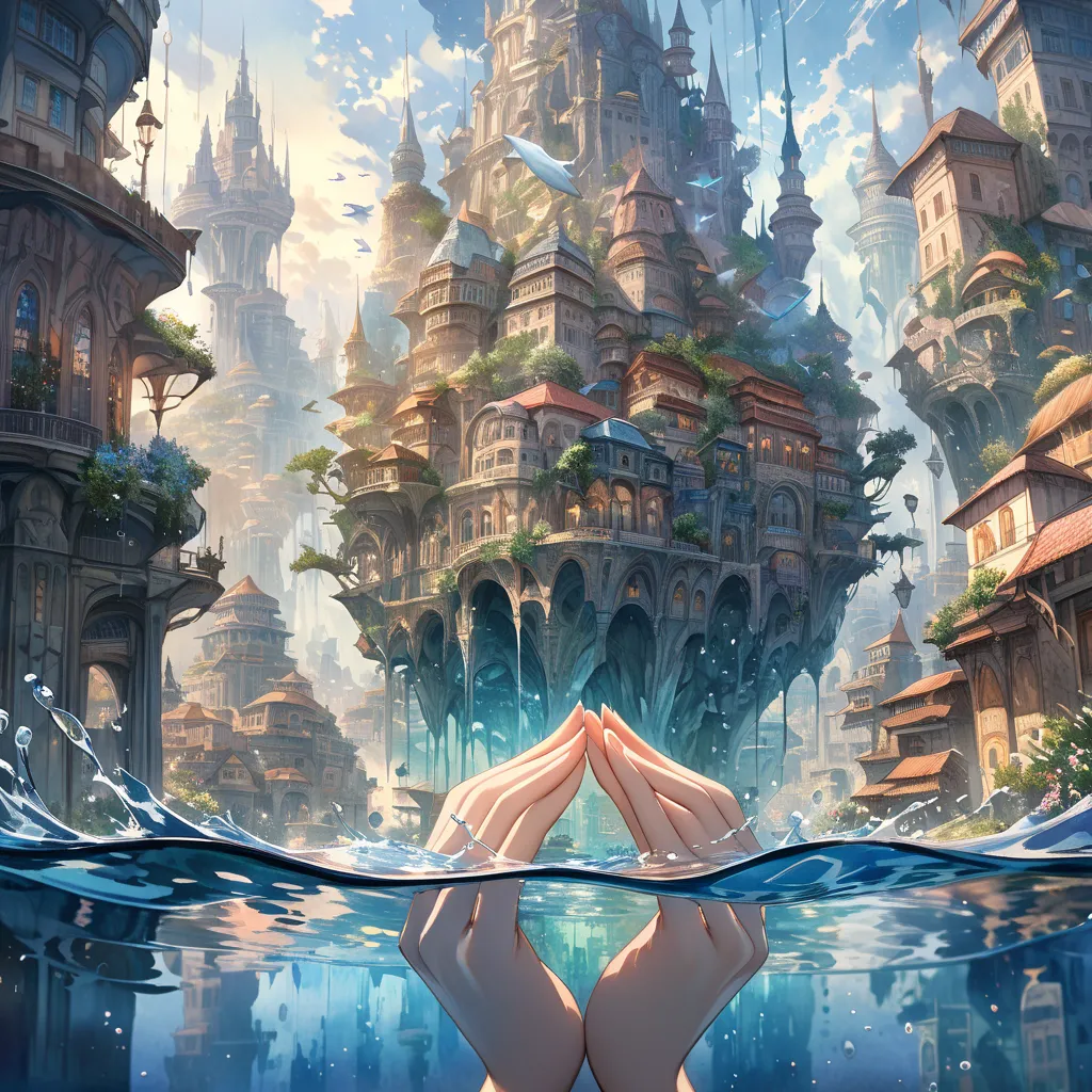 A puddle of water that accumulates in the palms of both hands, A watercolor painting of hands cupping water in which a mystical underwater city is vividly reflected, The scene focuses on the hands and the water they hold emphasizing the detailed structures...