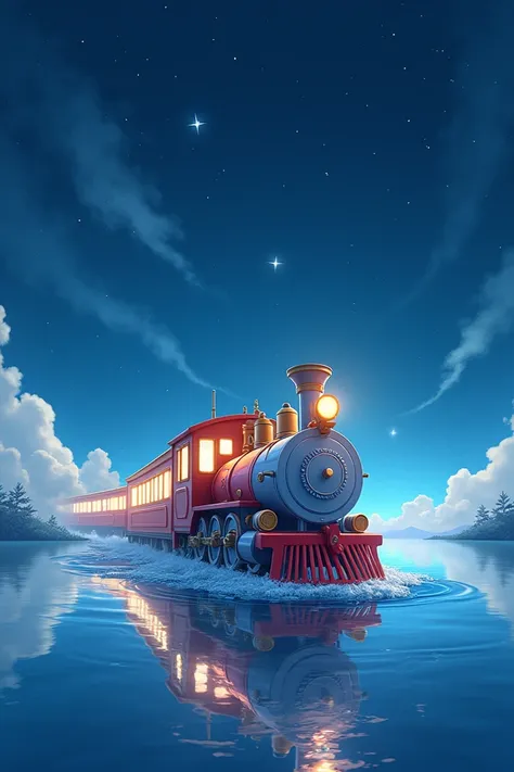 Cartoon train passing through body of water on rails, bright starry sky. romantic train, Picture of Makoto Shinkai, pure, concept art, Lofi Art style, reflection.，Shinkai Makoto animation art style, Lofi Art, beautiful anime scene, anime scenery, detailed ...