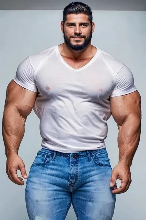 knee shot, 1 men, handsome bodybuilder men, (fade cut, short beard: 1.4), (round face: 1.4), (wearing a small white T-shirt and skinny ripped blue jeans: 1.5), (hyper muscles), (nice bulge), soft light, strong body, bulk, (Hyper thick chest muscles:1.4), w...