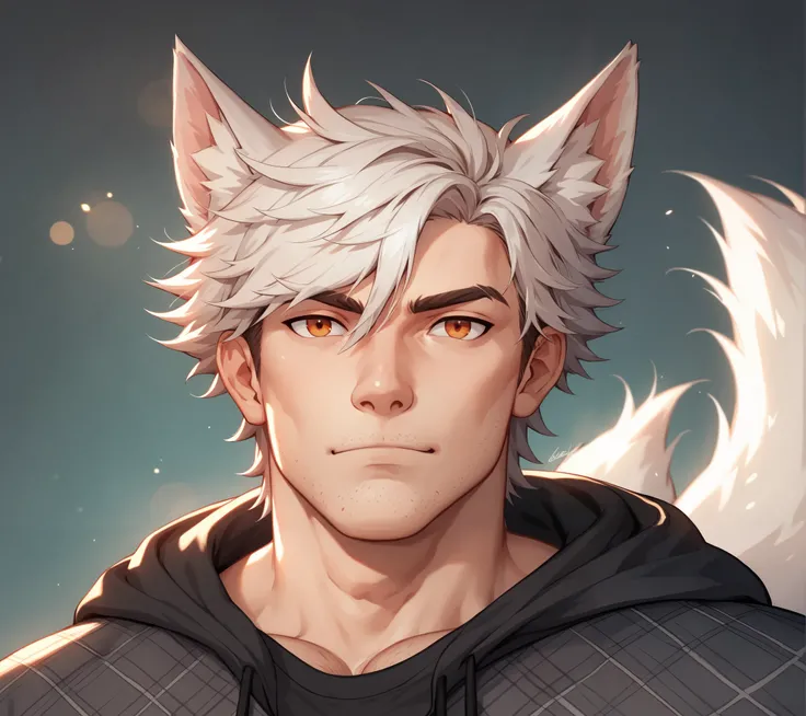 best quality, masterpiece, extremely detailed, close up of muscular lean man, rugged windswept hair, oversized black hoodie, Plaid Shirt, jeans, white fox ears, white fox tail, Kitsune, Muscular, orange eyes, messy hair, chin stubble, facial stubble, nerdy...