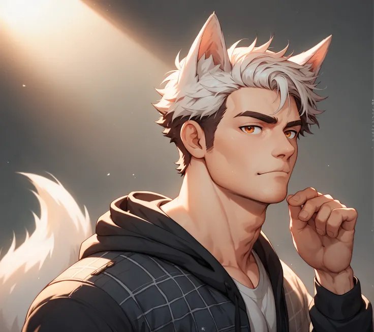 best quality, masterpiece, extremely detailed, close up of muscular lean man, rugged windswept hair, oversized black hoodie, Plaid Shirt, jeans, white fox ears, white fox tail, Kitsune, Muscular, orange eyes, messy hair, chin stubble, facial stubble, nerdy...