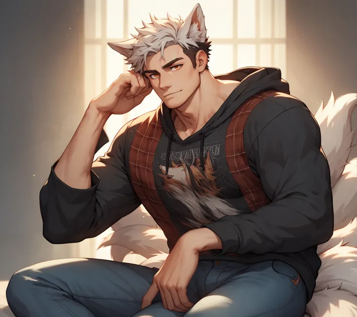 best quality, masterpiece, extremely detailed, close up of muscular lean man, rugged windswept hair, oversized black hoodie, Plaid Shirt, jeans, white fox ears, white fox tail, Kitsune, Muscular, orange eyes, messy hair, chin stubble, facial stubble, nerdy...