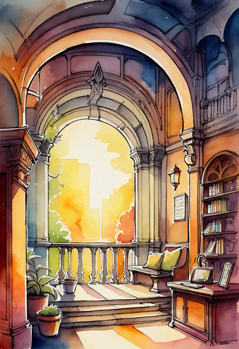 score_9, score_8_up, score_7_up, score_6_up, score_5_up, score_4_up, hires, highres, cover page, angelic 1girl, fantasy room, sketch, architectural illustration, visual development, interior design architecture, watercolor illustration style, traditional j...