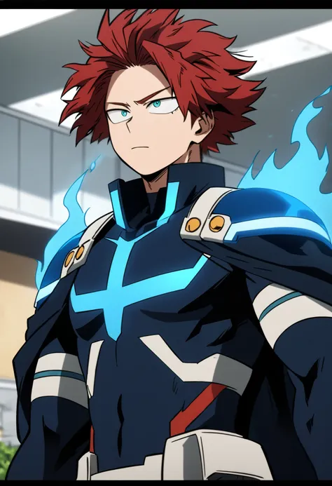 1boy, male, with matte red hair, slightly disheveled, turquoise eyes, dark blue hero costume, with blue flame glowing lines, blueflames on shoulders, white gauntlets, 21yo, As My Hero Academia character, MHA style, anime style, my hero academia, boku no he...