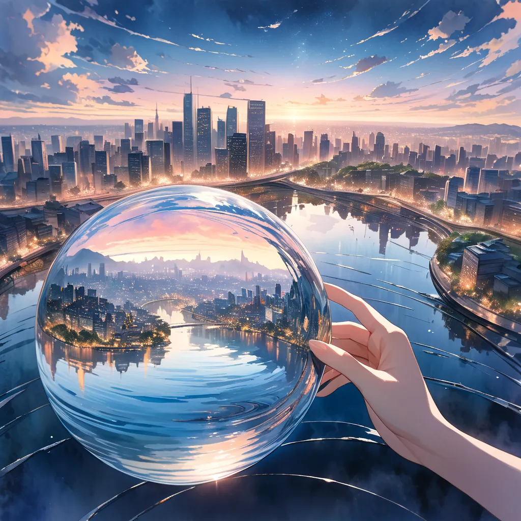 a watercolor painting of a japanese woman's hands cupping a sphere of flowing water in which a sprawling metropolis is vividly r...