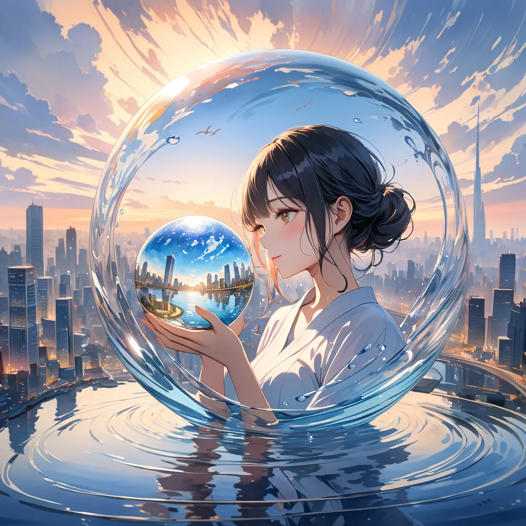 a watercolor painting of a japanese woman's hands cupping a sphere of flowing water in which a sprawling metropolis is vividly r...