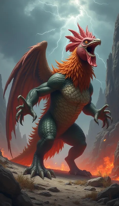 Create a monstrous hybrid that seamlessly combines the features of a Lizard and a Rooster, exuding a terrifying and dangerous aura. The creature has the muscular, scaled body of a Lizard, with its tail extending long and covered in jagged, spike-like protr...