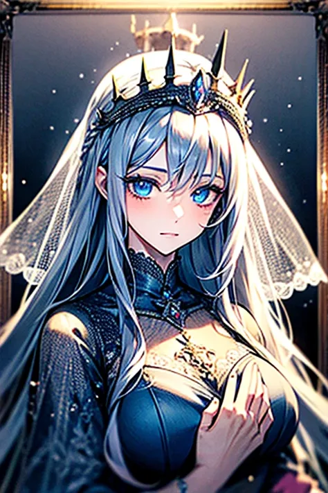 {masterpiece},{ best quality},{ 1 girl}, cute, wonderful,  beautiful detailed eyes,  blue eyes,  long hair,Platinum Hair、 gorgeous dresses、Veil、crown、A giant balance、mystery、fantasy、Solemn、Backlight、 detailed , depth of field, Highly Detailed CG,original, ...