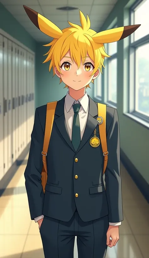 “A realistic illustration of a humanized version of Pikachu portrayed as a male high school student standing in a school hallway. He is dressed in a traditional Japanese high school uniform, featuring a dark blazer, white dress shirt, tie, and trousers. Hi...