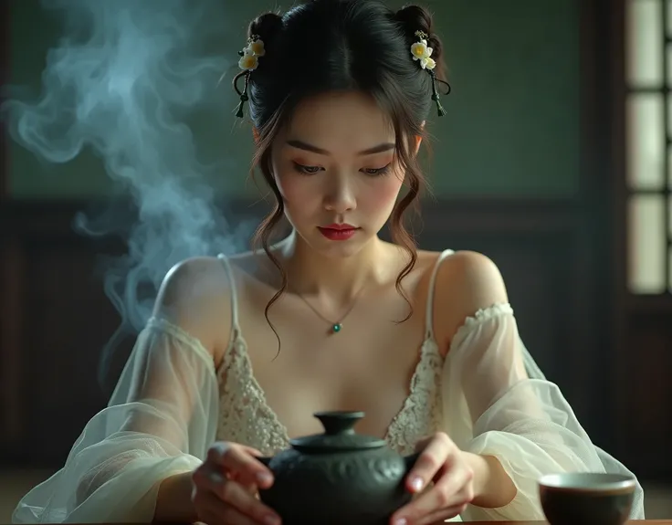 (masterpiece, best quality), 1girl, full body, face, feet, documentary photo of Chinese girl wearing typical traditional Chinese dress. she is intent on the tea ritual. Typical old Chinese room, smoke in the air, very diffuse light, sensual movements, gree...