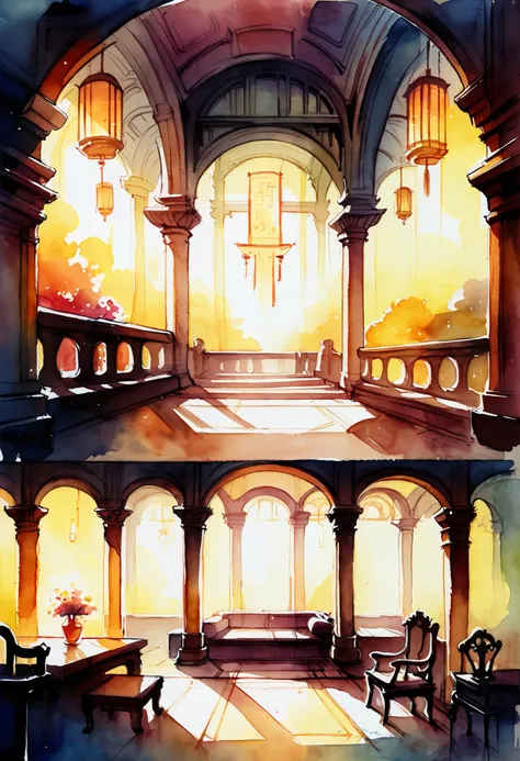 angelic 1girl, fantasy room, sketch, architectural illustration, visual development, interior design architecture, watercolor illustration style, traditional japanese concept art, furniture design sheet, cinematic lighting, cinematic shadow,