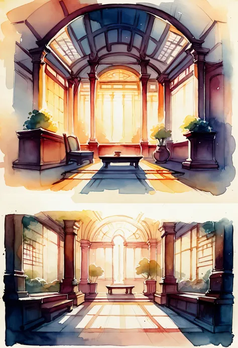 angelic 1girl, fantasy room, sketch, architectural illustration, visual development, interior design architecture, watercolor illustration style, traditional japanese concept art, furniture design sheet, cinematic lighting, cinematic shadow,