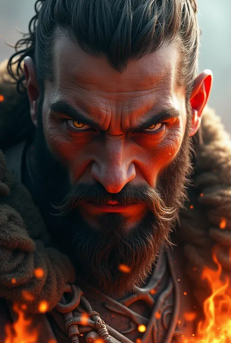 The penetrating, reddish look stands out on the face of a fierce armed warrior., with filaments of fire flying around his face , further highlighting his rough . fantasy style epic .