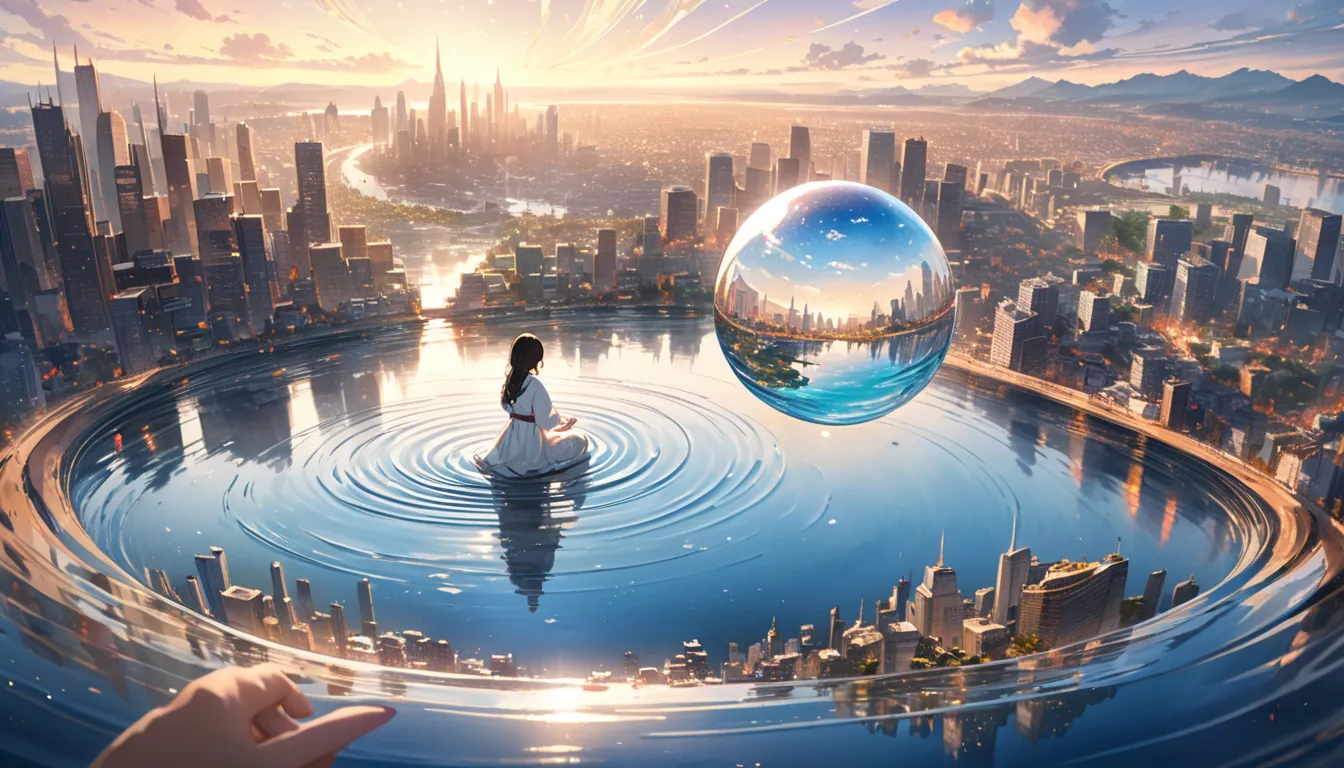 A watercolor painting of a Japanese womans hands cupping a sphere of flowing water in which a sprawling metropolis is vividly reflected, The scene focuses on the sphere and the city it contains with water spilling from her hands creating ripples that add a...