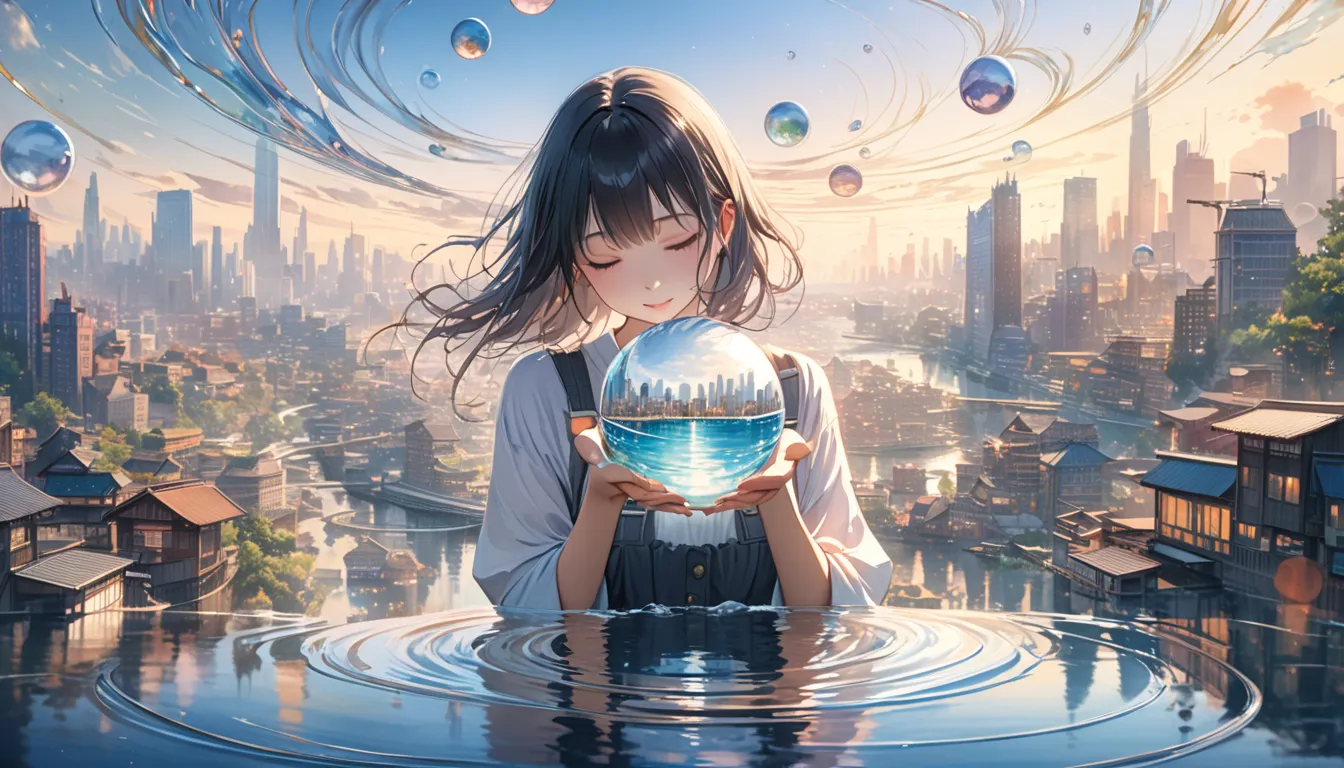 a watercolor painting of a japanese woman's hands cupping a sphere of flowing water in which a sprawling metropolis is vividly r...