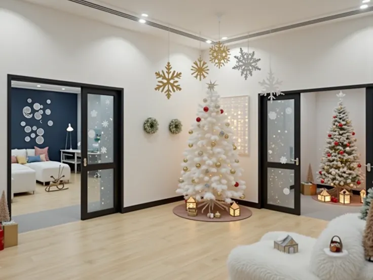 Create an office interior in a New Years style with the feeling of a fairy tale. In the corner of the room, marked in red, place a large fluffy Christmas tree 2-2.5 meters high. The Christmas tree is decorated in the chosen color scheme: gold and red (or s...