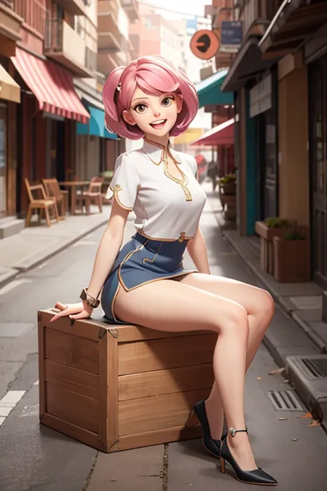 FABULOUS,  Looking at the viewer, smiling, happy, open mouth,
sitting, in a wooden box, pose sexy,  outside, city, alley,  extreme detail , masterpiece, beautiful quality,  your pink hair ,  your clothes with the color red