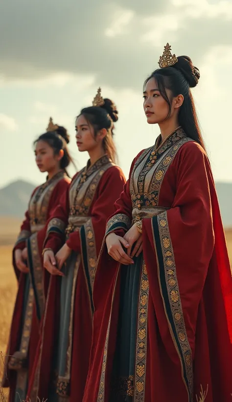 A dramatic scene of Genghis Khan’s daughters standing confidently in traditional Mongol attire, with vast steppes in the background, symbolizing power and importance."