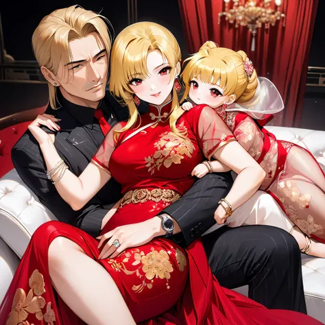 The woman who is the wife of the Chinese Mafia boss holding a baby is hugged by a Chinese mafia man as the wife of a strong Chinese mafia boss man wearing a gorgeous red see-through Chinese dress with vulgar, flashy luster, jewelled earrings, bangles, ring...