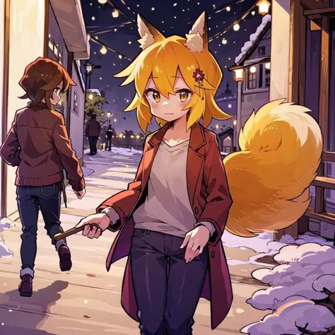 masterpiece,  best quality,  ulybka, playful, golden hair, golden eyes, bald tail, fox ears, is walking, winter,  in winter pants, in a jacket, evening