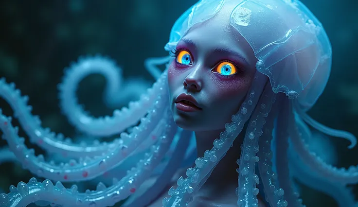 (A mutant jellyfish : 1.2), No humans are present in this scene, because she is alone, With a beautiful and charming face,  this alien seduces us with her charm ,  your captivating beautifully detailed eyes shine brightly,  recalling burning embers ,  her ...