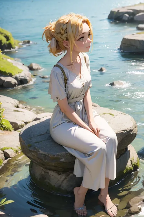 Beautiful blonde woman, braided updo, sitting by the river, relaxed