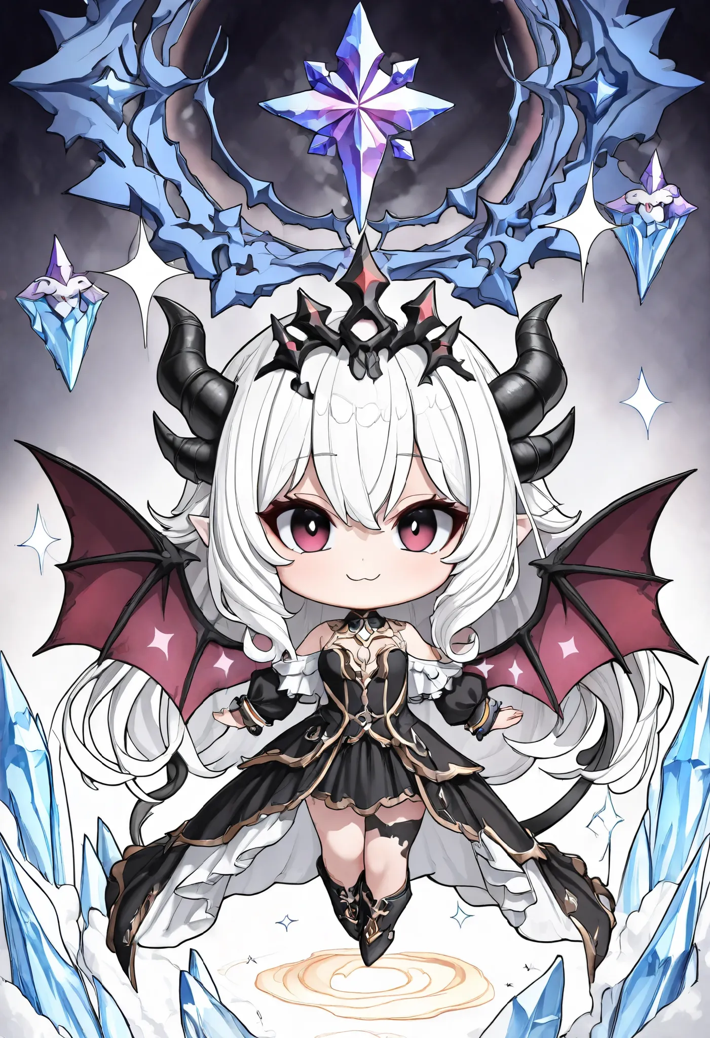 chibi, perfecteyes,masterpiece, best quality, ultra-detailed, 1girl, dark gothic,drkgirl, chibi,demon attire, dark grow eyes, soft smile, light-filled background resembling death palace, crystal effect, flowing white and gold outfit, wings adorned with subtle sparkles, floating gracefully, dynamic pose, magical aura, pastel and soft lighting, whimsical and ethereal atmosphere, delicate and graceful composition